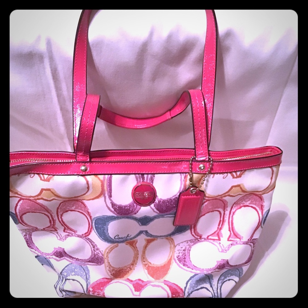 Coach Pink and Multicolor Signature Satchel